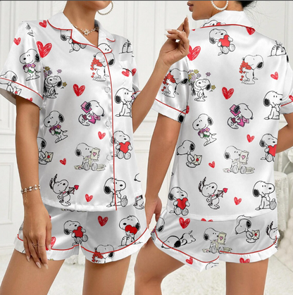 Valentine Dog Print Pajama Set, Cute Puppy Love, Satin Sleepwear, Cozy Romantic PJs for Women