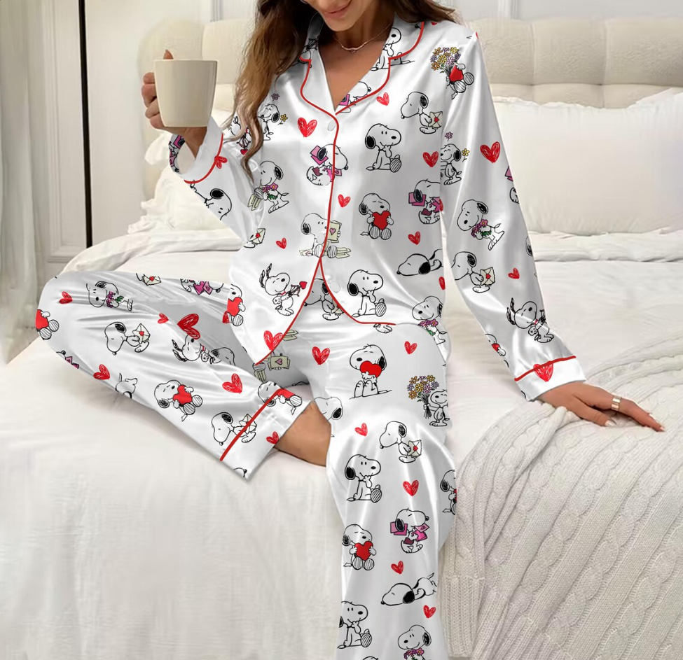 Valentine Dog Print Pajama Set, Cute Puppy Love, Satin Sleepwear, Cozy Romantic PJs for Women