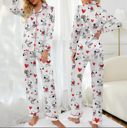 Valentine Dog Print Pajama Set, Cute Puppy Love, Satin Sleepwear, Cozy Romantic PJs for Women
