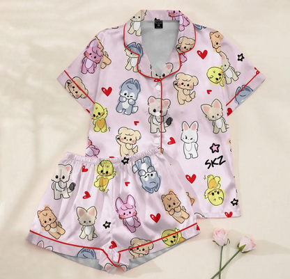 SKZoo Valentine Pajamas Set, Kawaii Satin K-Pop Sleepwear, Cute Cartoon Heart PJs, Soft Silky Loungewear, Valentine Gift for Fans