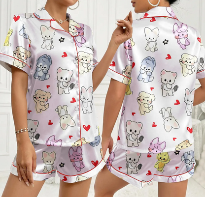 SKZoo Valentine Pajamas Set, Kawaii Satin K-Pop Sleepwear, Cute Cartoon Heart PJs, Soft Silky Loungewear, Valentine Gift for Fans