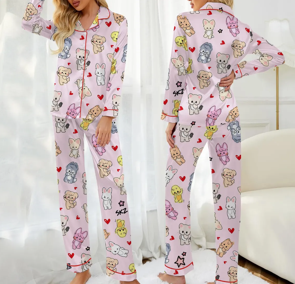 SKZoo Valentine Pajamas Set, Kawaii Satin K-Pop Sleepwear, Cute Cartoon Heart PJs, Soft Silky Loungewear, Valentine Gift for Fans
