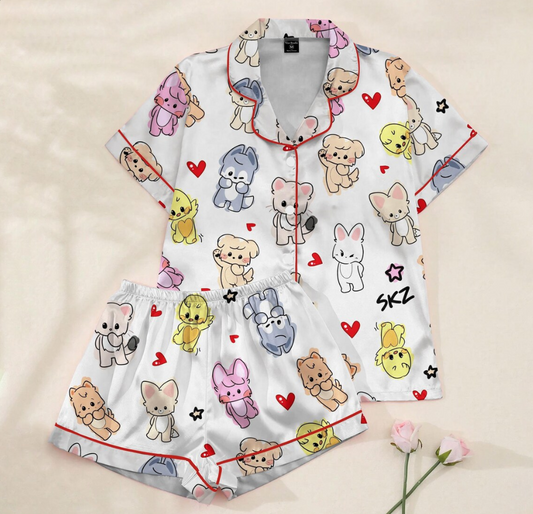 Kawaii SKZoo Valentine Satin Pajama Set, Stray Kids Kpop Sleepwear, Cute Heart Cartoon PJs, Silky Button-Up Loungewear Gift