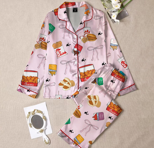 Women’s Satin Pajama Set, Silk PJs with Chicken Nugget Inspired Food Print, Chicken, Fries & Sauces, Cute Comfort Sleepwear Gift for Her