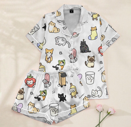 Cute Cat Love Pajamas Set, Kawaii Couple Cat Pajamas Women, Romantic Matching Cat PJs For Her, Pet Love Pajamas Family, Cat Pajamas