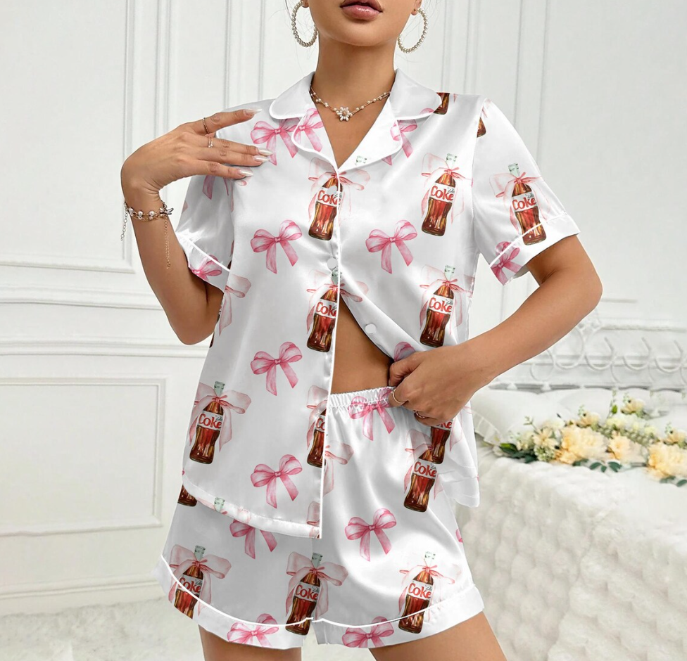 Diet Coke Pajamas Set, Matching Holiday Sleepwear for Women, Diet Coke Lover Gift, Dr Pepper Satin Pajamas, Coquette Diet Pepper Sleepwear