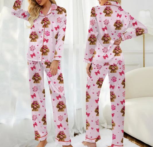 Valentine Doodle Dog Pajama Set for Women – Cute Puppy Heart Print Satin PJs, Pink Bow Sleepwear, Sweet Gift for Her