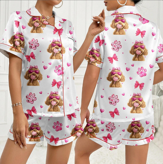 Goldendoodle Valentine Pajama Set – Cute Puppy Print Satin Sleepwear, Pink Bow & Heart PJs, Doodle Dog Lover Gift, Cozy Loungewear for Women (Copy)