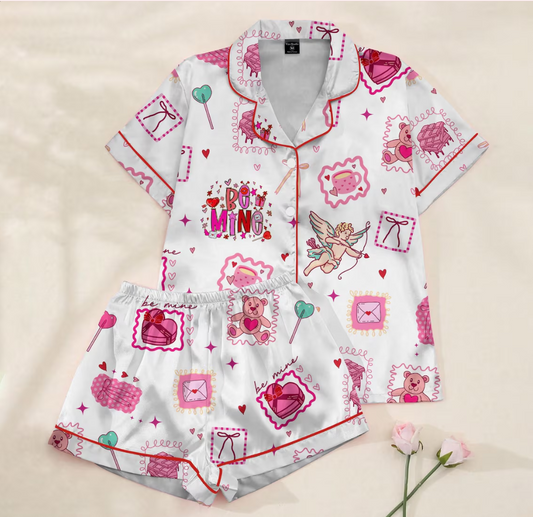 Coquette Valentine Pajama Set – Be Mine Cupid & Teddy Bear Print Satin Sleepwear, Cute Girly Pink Loungewear, Trendy V-Day Gift for Her
