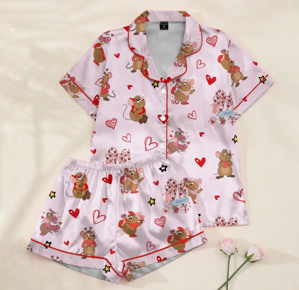 Valentine Coquette Pajama Set for Women – Cute Mouse & Heart Print Satin Short PJs, Button-Up Sleepwear, Sweet Gift