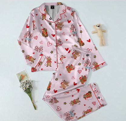 Valentine Coquette Pajama Set for Women – Cute Mouse & Heart Print Satin Short PJs, Button-Up Sleepwear, Sweet Gift