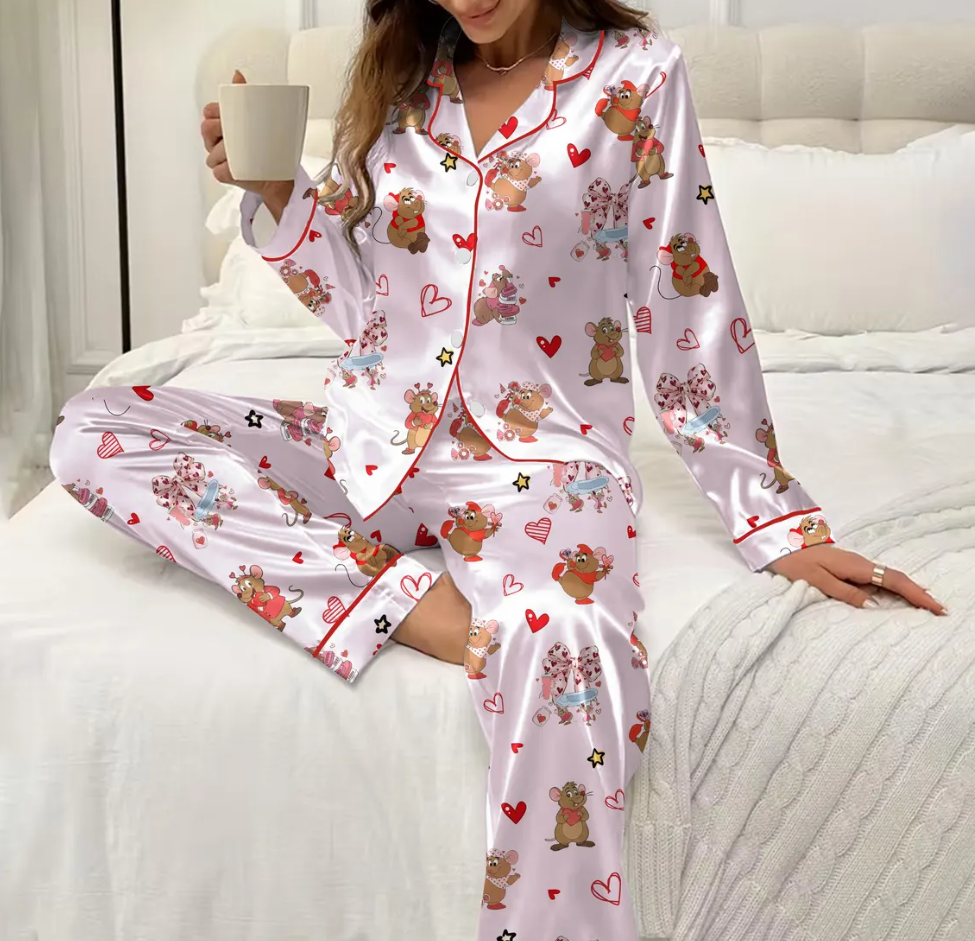 Valentine Coquette Pajama Set for Women – Cute Mouse & Heart Print Satin Short PJs, Button-Up Sleepwear, Sweet Gift