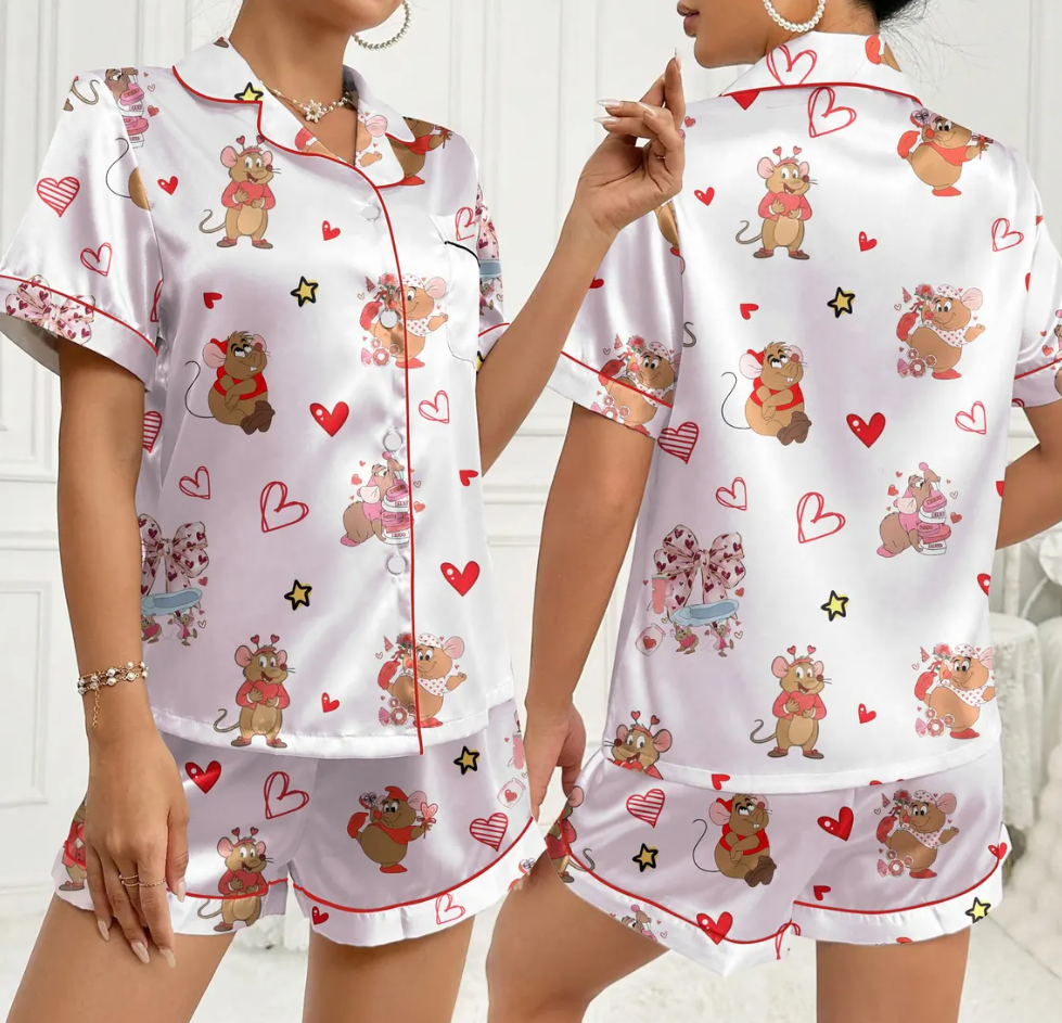 Valentine Coquette Pajama Set for Women – Cute Mouse & Heart Print Satin Short PJs, Button-Up Sleepwear, Sweet Gift