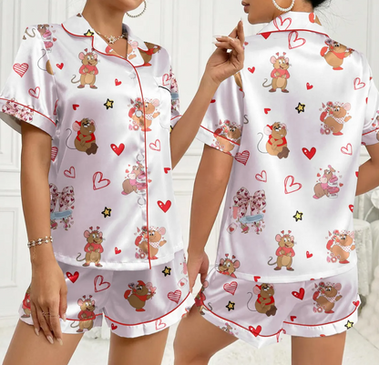 Valentine Coquette Pajama Set for Women – Cute Mouse & Heart Print Satin Short PJs, Button-Up Sleepwear, Sweet Gift