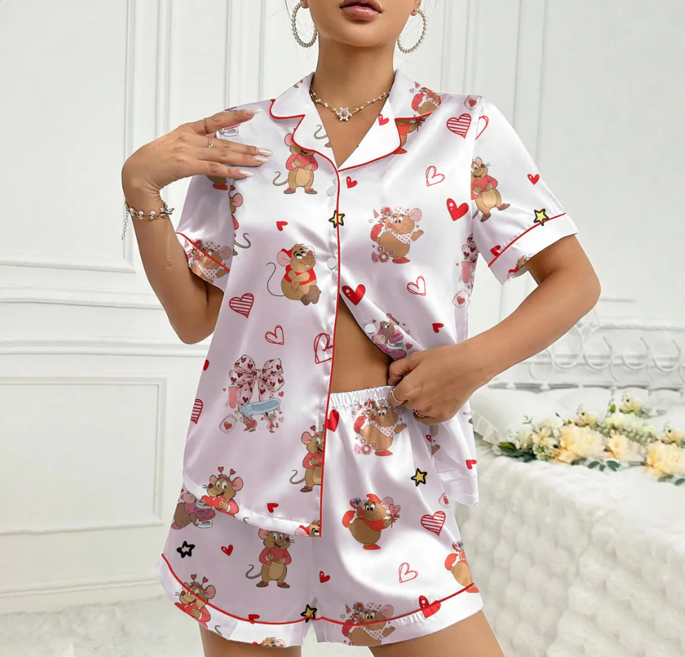 Valentine Coquette Pajama Set for Women – Cute Mouse & Heart Print Satin Short PJs, Button-Up Sleepwear, Sweet Gift