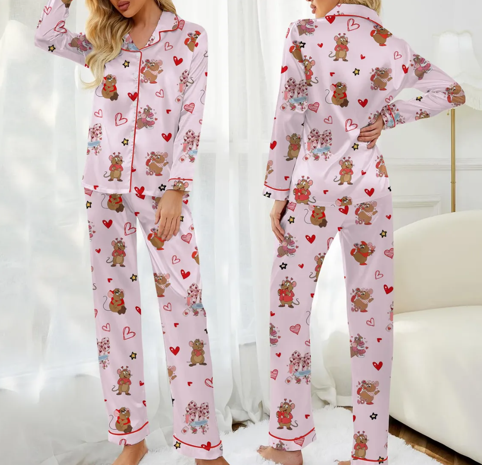 Valentine Coquette Pajama Set for Women – Cute Mouse & Heart Print Satin Short PJs, Button-Up Sleepwear, Sweet Gift