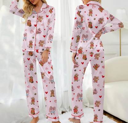 Valentine Coquette Pajama Set for Women – Cute Mouse & Heart Print Satin Short PJs, Button-Up Sleepwear, Sweet Gift