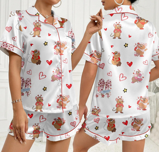 Coquette Valentine Mouse Pajama Set – Cute Cartoon Heart Print Satin Short Sleeve PJs, Button-Up Sleepwear, Romantic Gift for Her