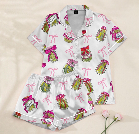 Pickle Lover Pajama Set with Pink Bows, Satin Pajama Pickle Lover Bow Nightwear Women Gift, Sleepwear Pickle Set