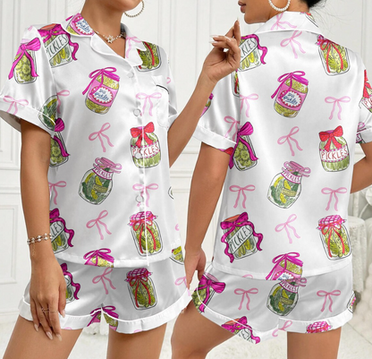 Pickle Lover Pajama Set with Pink Bows, Satin Pajama Pickle Lover Bow Nightwear Women Gift, Sleepwear Pickle Set