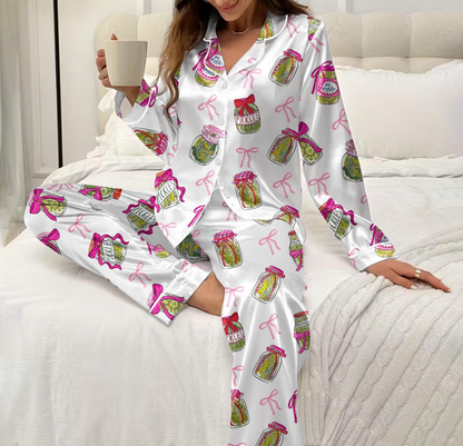 Pickle Lover Pajama Set with Pink Bows, Satin Pajama Pickle Lover Bow Nightwear Women Gift, Sleepwear Pickle Set