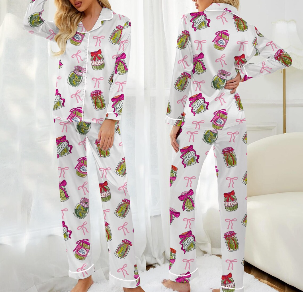 Pickle Lover Pajama Set with Pink Bows, Satin Pajama Pickle Lover Bow Nightwear Women Gift, Sleepwear Pickle Set