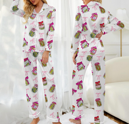Pickle Lover Pajama Set with Pink Bows, Satin Pajama Pickle Lover Bow Nightwear Women Gift, Sleepwear Pickle Set