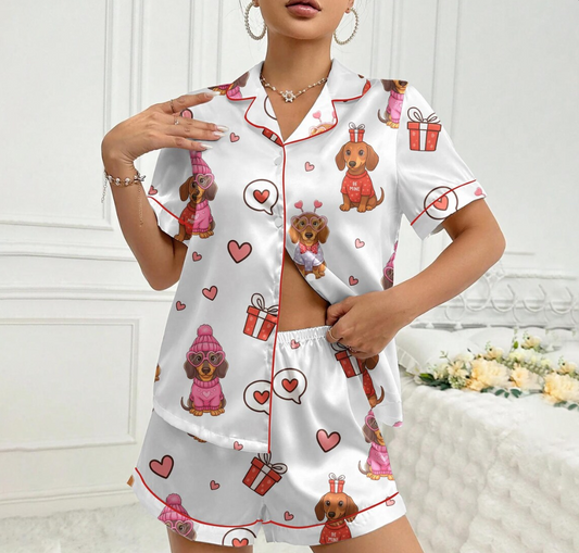 Valentine Dachshund Pajama Set for Women, Cute Dog Love Heart Print Satin Sleepwear, Coquette PJs, Romantic Gift for Dog Lovers