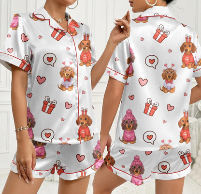 Valentine Dachshund Pajama Set for Women, Cute Dog Love Heart Print Satin Sleepwear, Coquette PJs, Romantic Gift for Dog Lovers