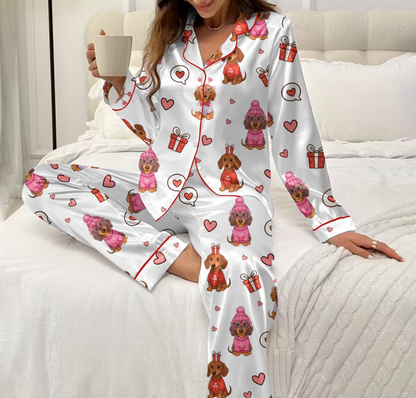 Valentine Dachshund Pajama Set for Women, Cute Dog Love Heart Print Satin Sleepwear, Coquette PJs, Romantic Gift for Dog Lovers