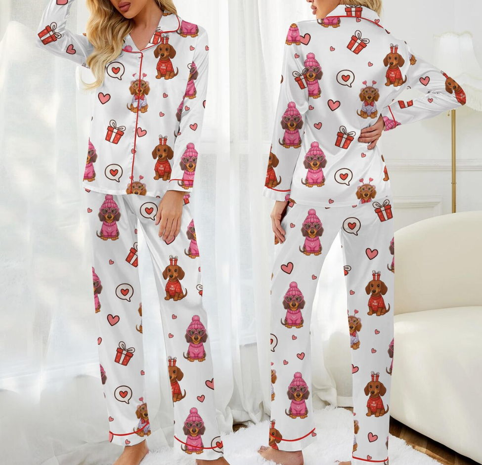 Valentine Dachshund Pajama Set for Women, Cute Dog Love Heart Print Satin Sleepwear, Coquette PJs, Romantic Gift for Dog Lovers