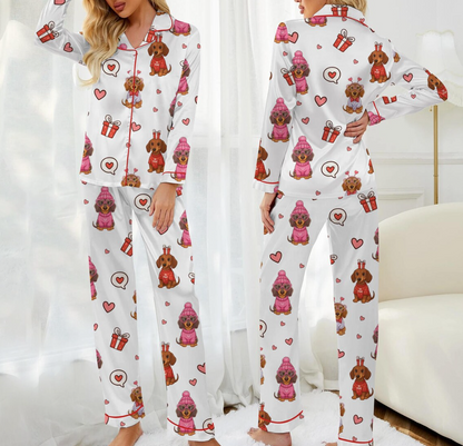 Valentine Dachshund Pajama Set for Women, Cute Dog Love Heart Print Satin Sleepwear, Coquette PJs, Romantic Gift for Dog Lovers