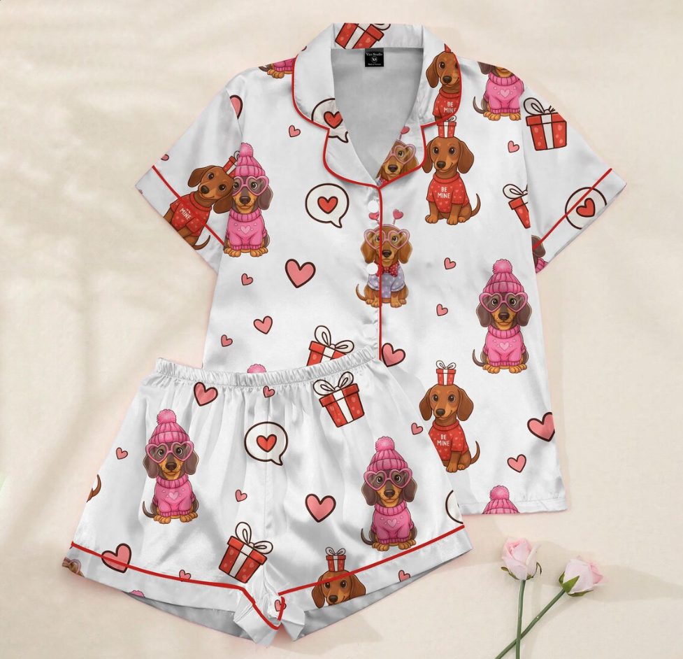 Valentine Dachshund Pajama Set for Women, Cute Dog Love Heart Print Satin Sleepwear, Coquette PJs, Romantic Gift for Dog Lovers