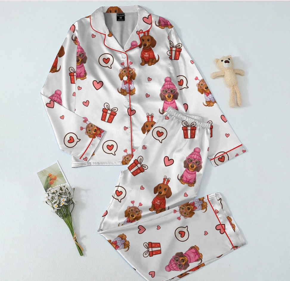 Valentine Dachshund Pajama Set for Women, Cute Dog Love Heart Print Satin Sleepwear, Coquette PJs, Romantic Gift for Dog Lovers