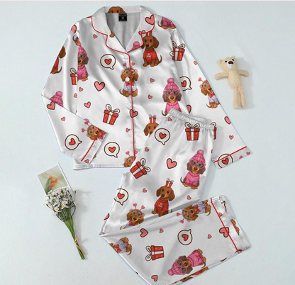 Valentine Dachshund Pajama Set for Women, Cute Dog Love Heart Print Satin Sleepwear, Coquette PJs, Romantic Gift for Dog Lovers