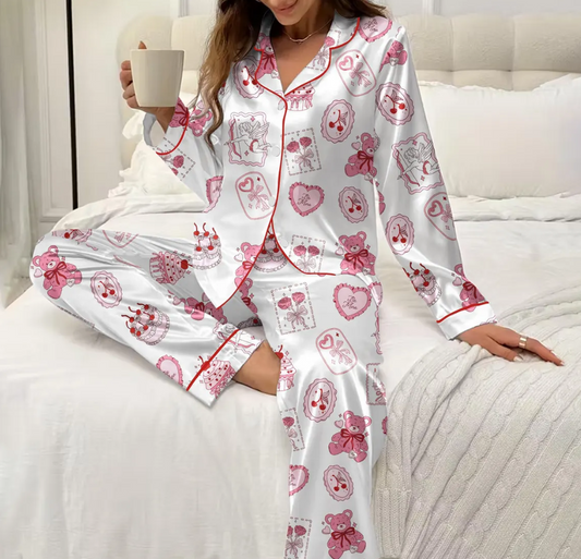 Valentine Teddy Bear Pajama Set for Women, Satin Heart & Cherry Print Sleepwear, Cute Coquette PJs, Romantic Gift for Her