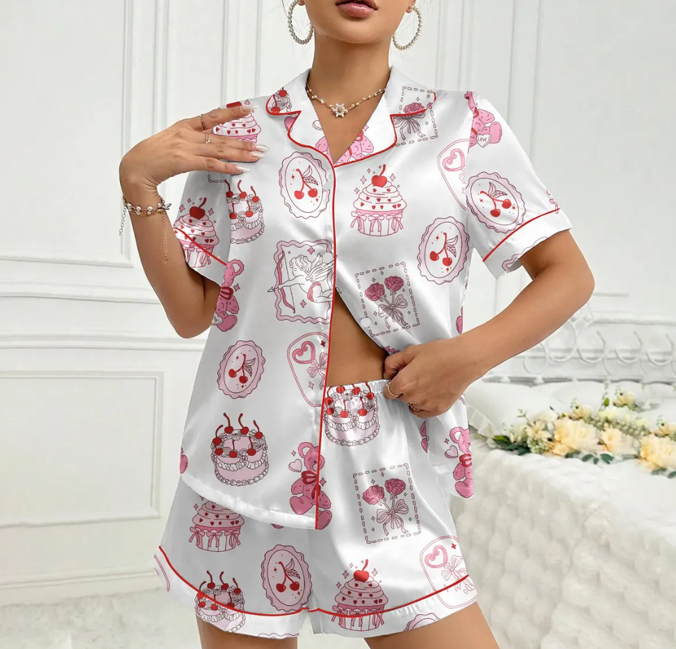 Valentine Teddy Bear Pajama Set for Women, Satin Heart & Cherry Print Sleepwear, Cute Coquette PJs, Romantic Gift for Her