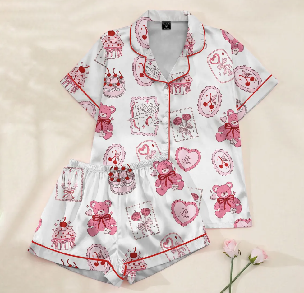 Valentine Teddy Bear Pajama Set for Women, Satin Heart & Cherry Print Sleepwear, Cute Coquette PJs, Romantic Gift for Her
