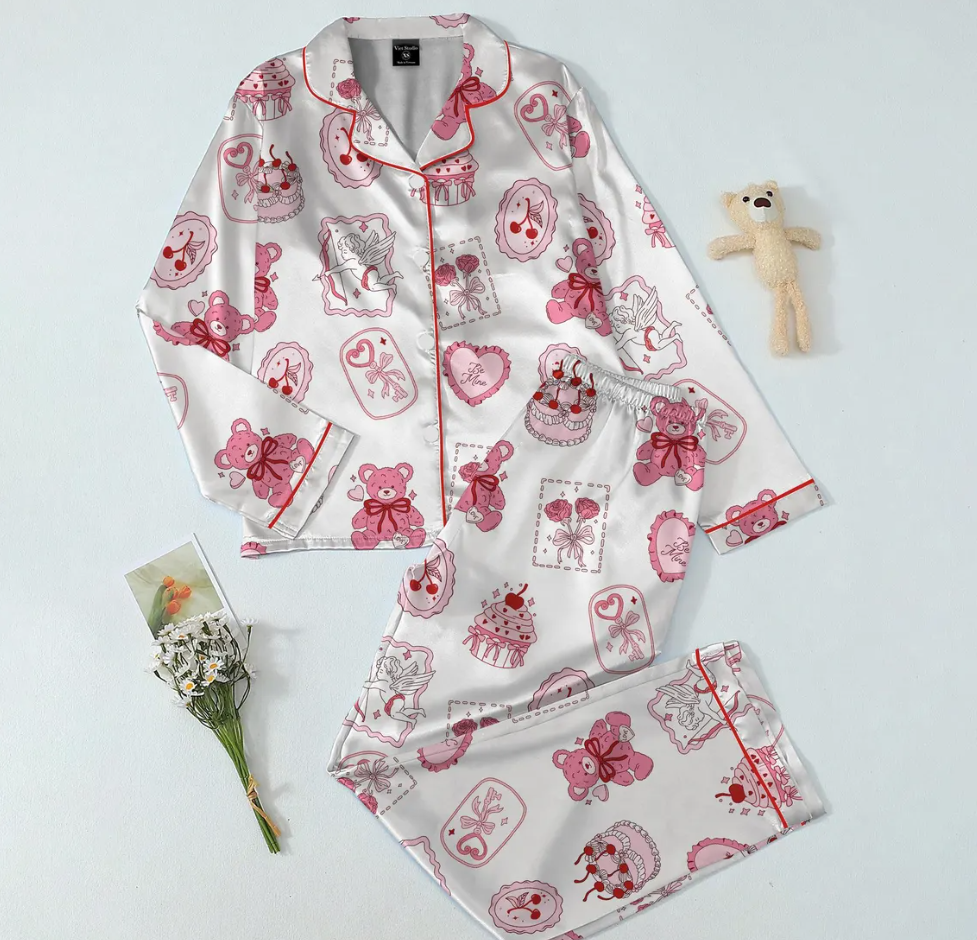 Valentine Teddy Bear Pajama Set for Women, Satin Heart & Cherry Print Sleepwear, Cute Coquette PJs, Romantic Gift for Her