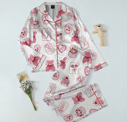 Valentine Teddy Bear Pajama Set for Women, Satin Heart & Cherry Print Sleepwear, Cute Coquette PJs, Romantic Gift for Her