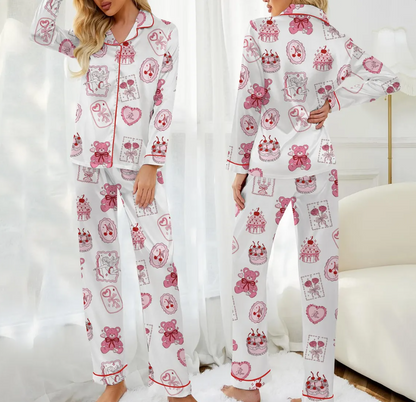 Valentine Teddy Bear Pajama Set for Women, Satin Heart & Cherry Print Sleepwear, Cute Coquette PJs, Romantic Gift for Her