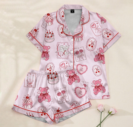 Valentine Teddy Bear Pajama Set for Women, Pink Satin Heart & Cherry Print Sleepwear, Cute Coquette PJs, Romantic Gift for Her