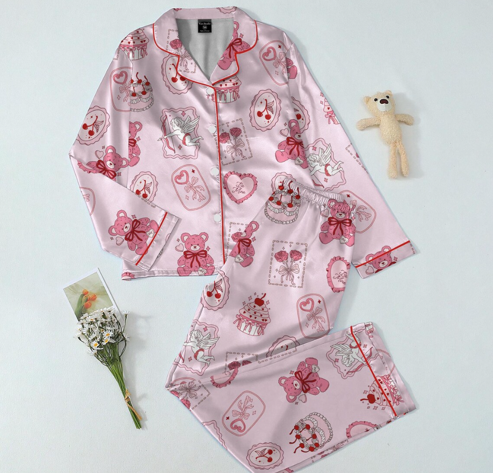 Valentine Teddy Bear Pajama Set for Women, Pink Satin Heart & Cherry Print Sleepwear, Cute Coquette PJs, Romantic Gift for Her