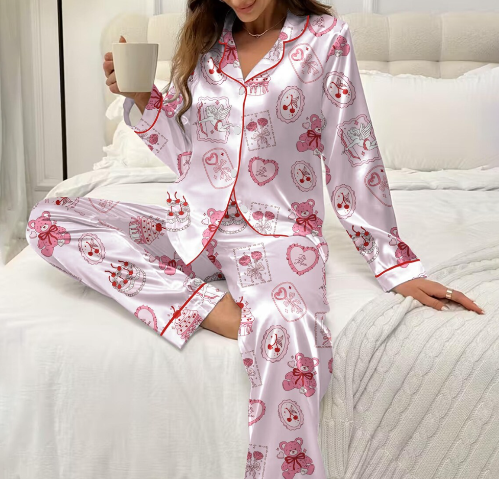 Valentine Teddy Bear Pajama Set for Women, Pink Satin Heart & Cherry Print Sleepwear, Cute Coquette PJs, Romantic Gift for Her