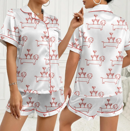 Dachshund Dog Satin Pajama Set for Women, Martini Sausage Print Short Sleeve Sleepwear, Cute Puppy PJs, Cozy Gift for Dog Lovers