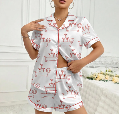 Dachshund Dog Satin Pajama Set for Women, Martini Sausage Print Short Sleeve Sleepwear, Cute Puppy PJs, Cozy Gift for Dog Lovers