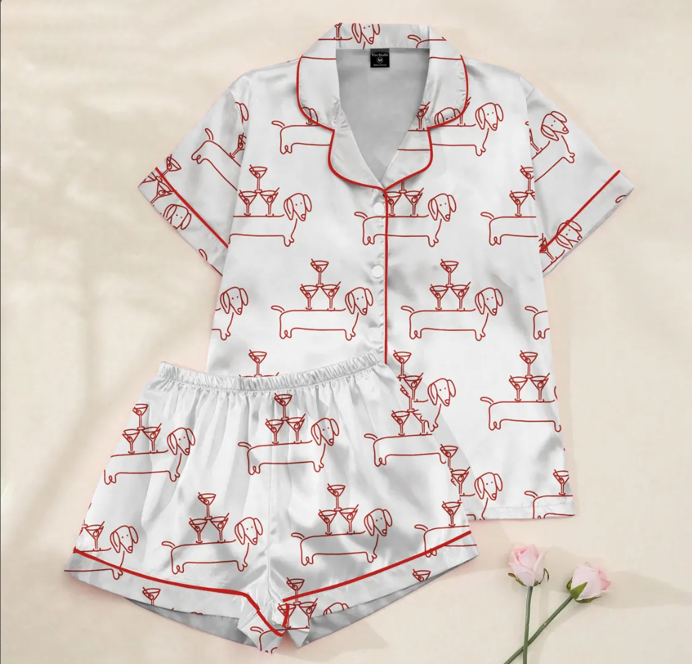 Dachshund Dog Satin Pajama Set for Women, Martini Sausage Print Short Sleeve Sleepwear, Cute Puppy PJs, Cozy Gift for Dog Lovers