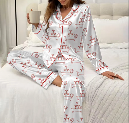 Dachshund Dog Satin Pajama Set for Women, Martini Sausage Print Short Sleeve Sleepwear, Cute Puppy PJs, Cozy Gift for Dog Lovers