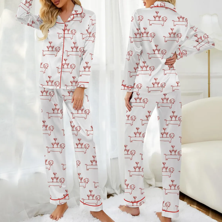 Dachshund Dog Satin Pajama Set for Women, Martini Sausage Print Short Sleeve Sleepwear, Cute Puppy PJs, Cozy Gift for Dog Lovers