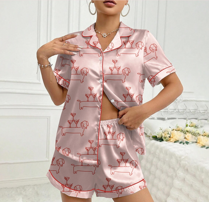 Women’s Dachshund Pajama Set, Martini & Weenies Print, Short Sleeve Satin Sleepwear, Dog Pajama, PJs Family, Pajama Gifts for Her